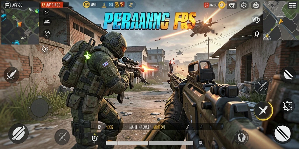 Screenshot gameplay API36 dengan aksi tembak-menembak yang seru.