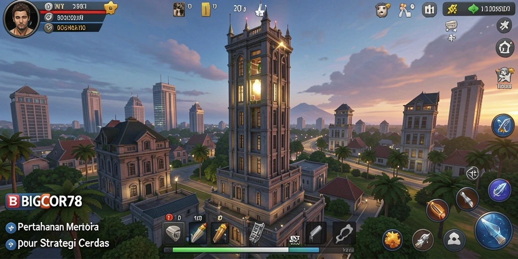 Tampilan gameplay BIGCOR78 dengan menara strategis melawan musuh.