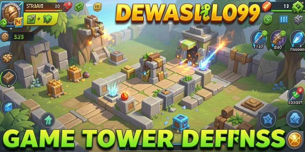 Gameplay seru DEWASLOT99 dalam melindungi menara dari serangan musuh.