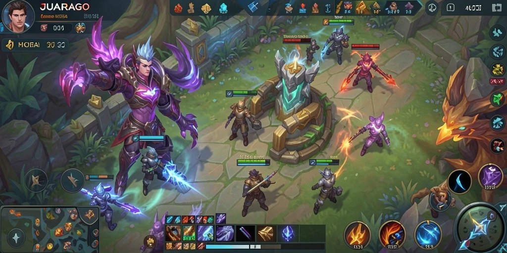 Tampilan gameplay <strong>JUARAGO</strong> yang seru dan strategis di arena MOBA.