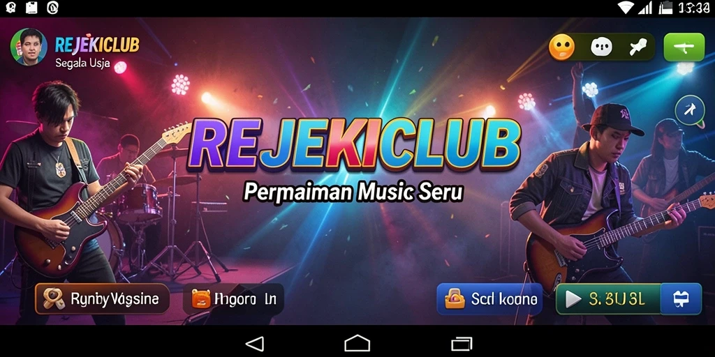 Tampilan gameplay seru REJEKICLUB yang penuh warna dan musik.
