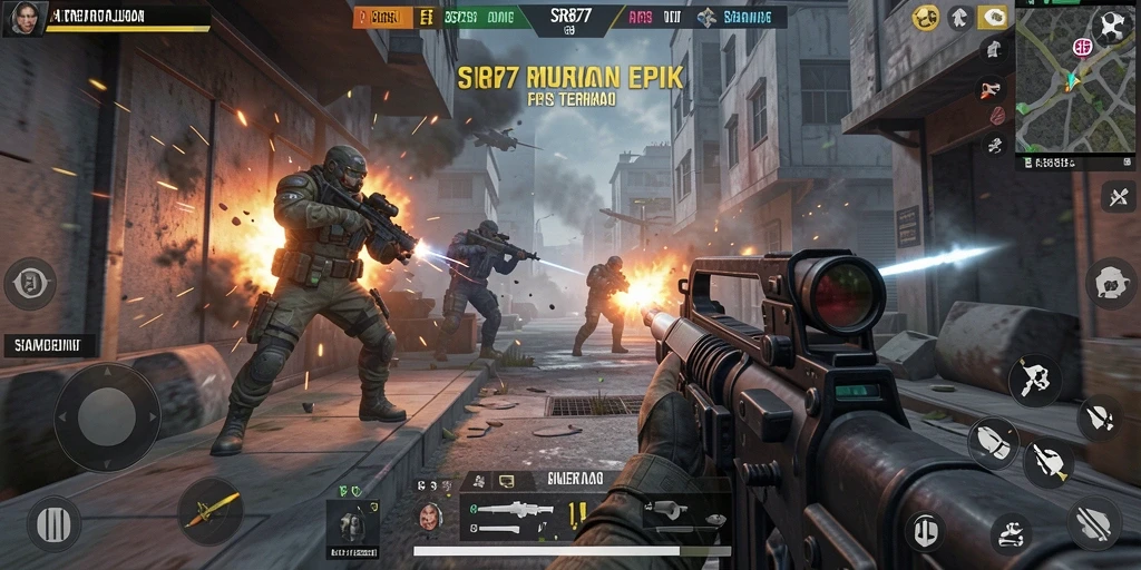 Screenshot gameplay SR877 menampilkan aksi tembak-menembak yang mendebarkan.