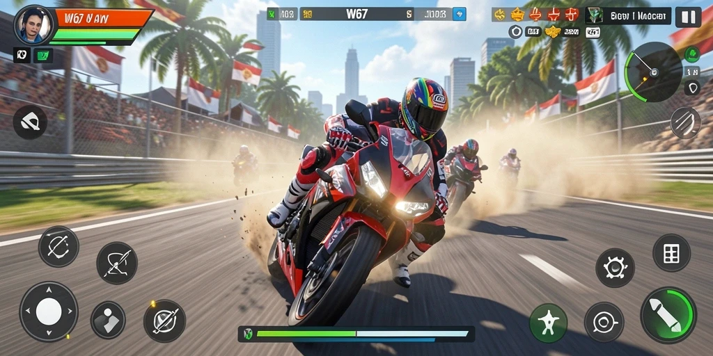 Gameplay W67 menampilkan balapan motor yang seru dan mendebarkan.